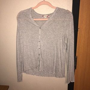 Large Grey soft button up with ruffled ends